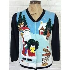 The Quaker Factory 1X Ugly Christmas Sweater Cardigan‎ Santa Reindeer Snow